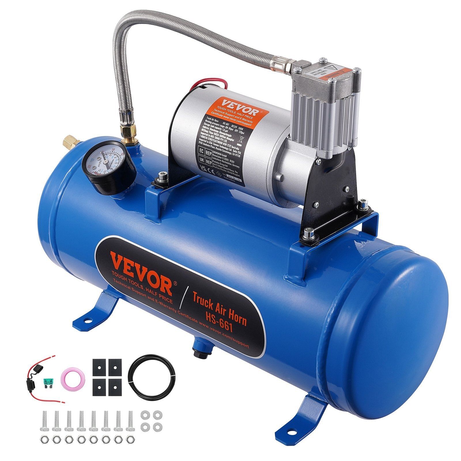 Vevor 12v air compressor with tank 1.6 gallon/6 l, train horn air compressor, 120 psi working pressure onboard air compressor system for train air horns, inflating tires, air mattresses
