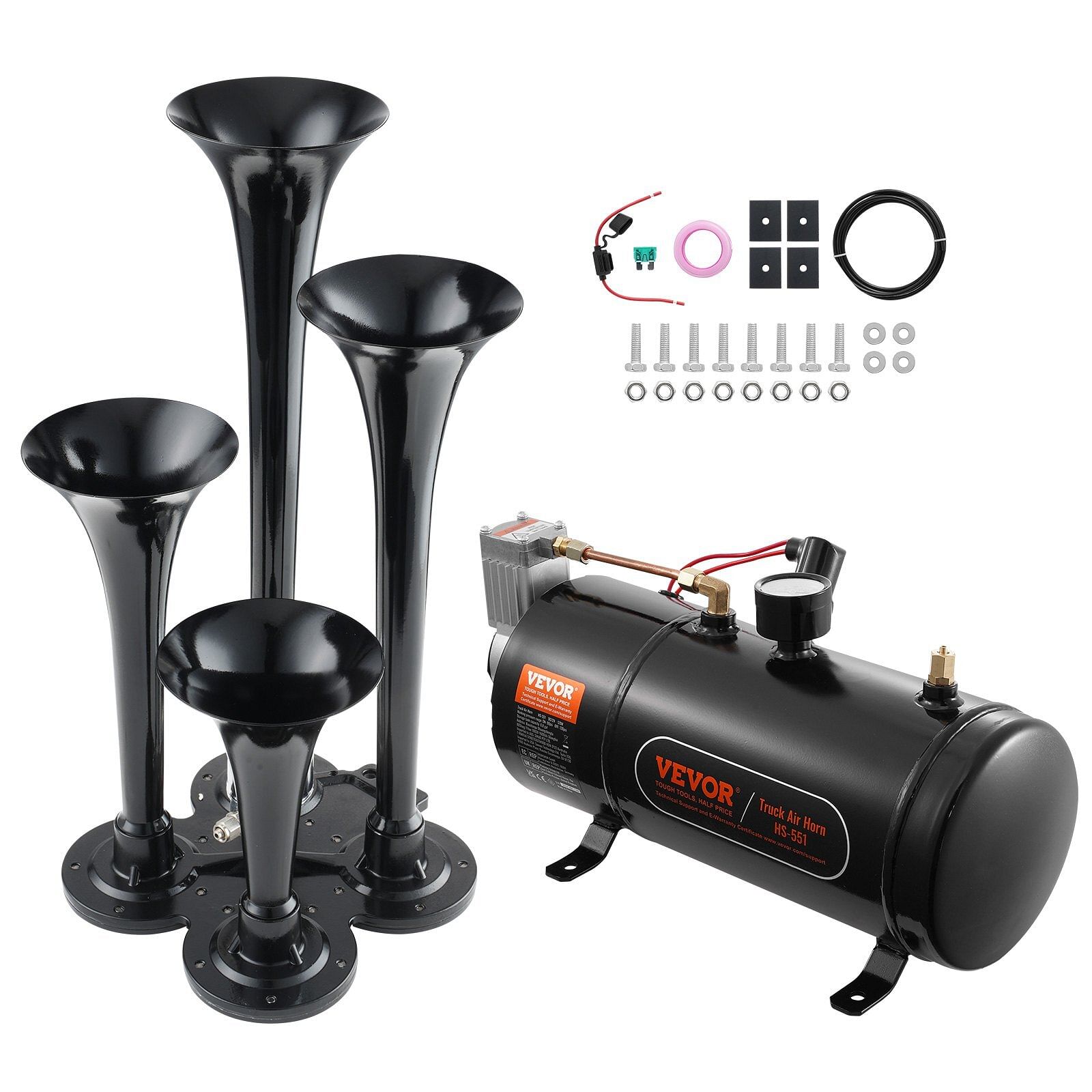 Vevor train horns kit, 4 trumpet air horn kit, 150db train horns for pickup trucks, 12v 120 psi air compressor 0.8 gal/3 l tank with gauge for any 12v vehicle car truck train van boat