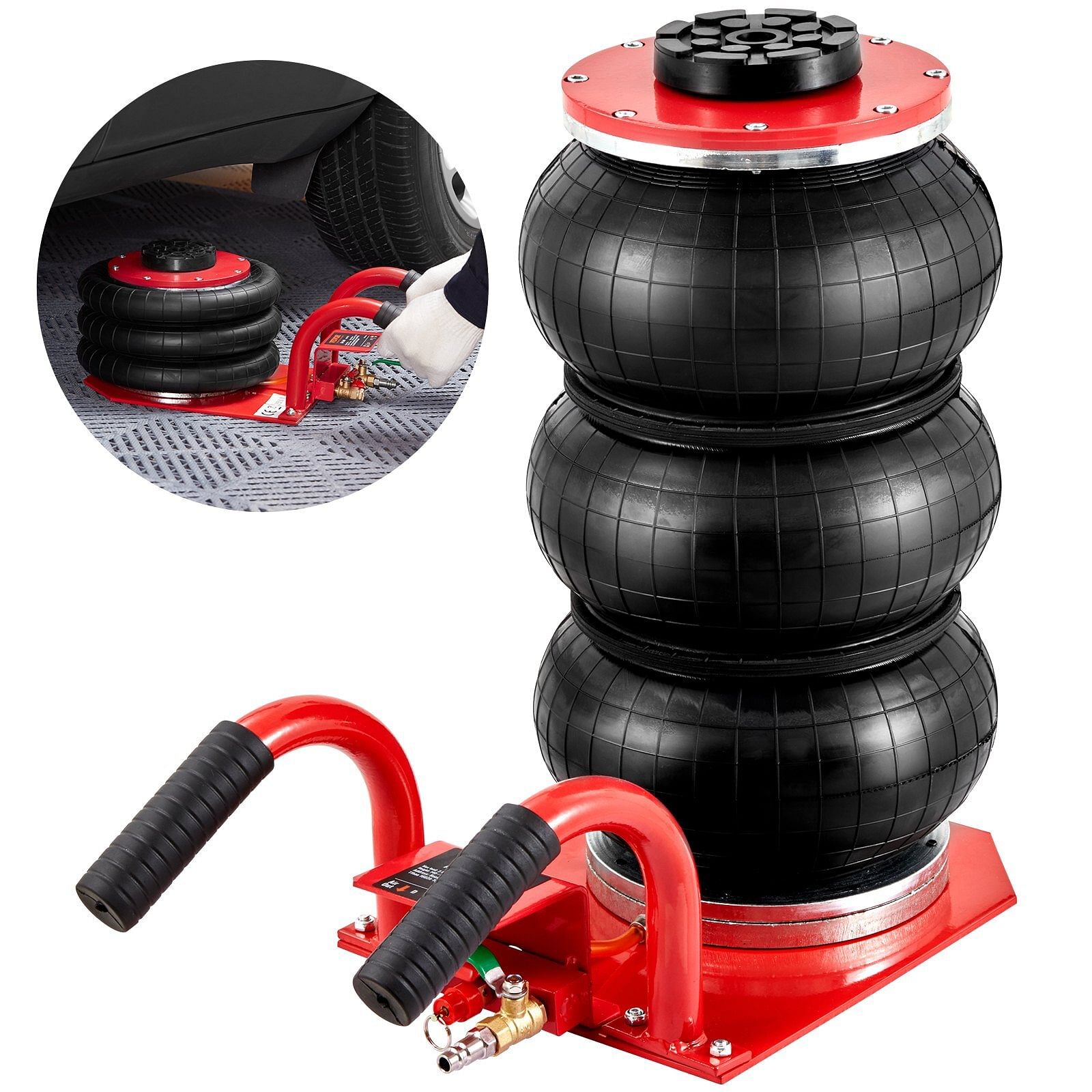 Vevor air jack, 3 ton/6600 lbs triple bag air jack, airbag jack with six steel pipes, lift up to 17.7 inch/450 mm, 3-5 s fast lifting pneumatic jack, with side handles for car, garage, repair (red)