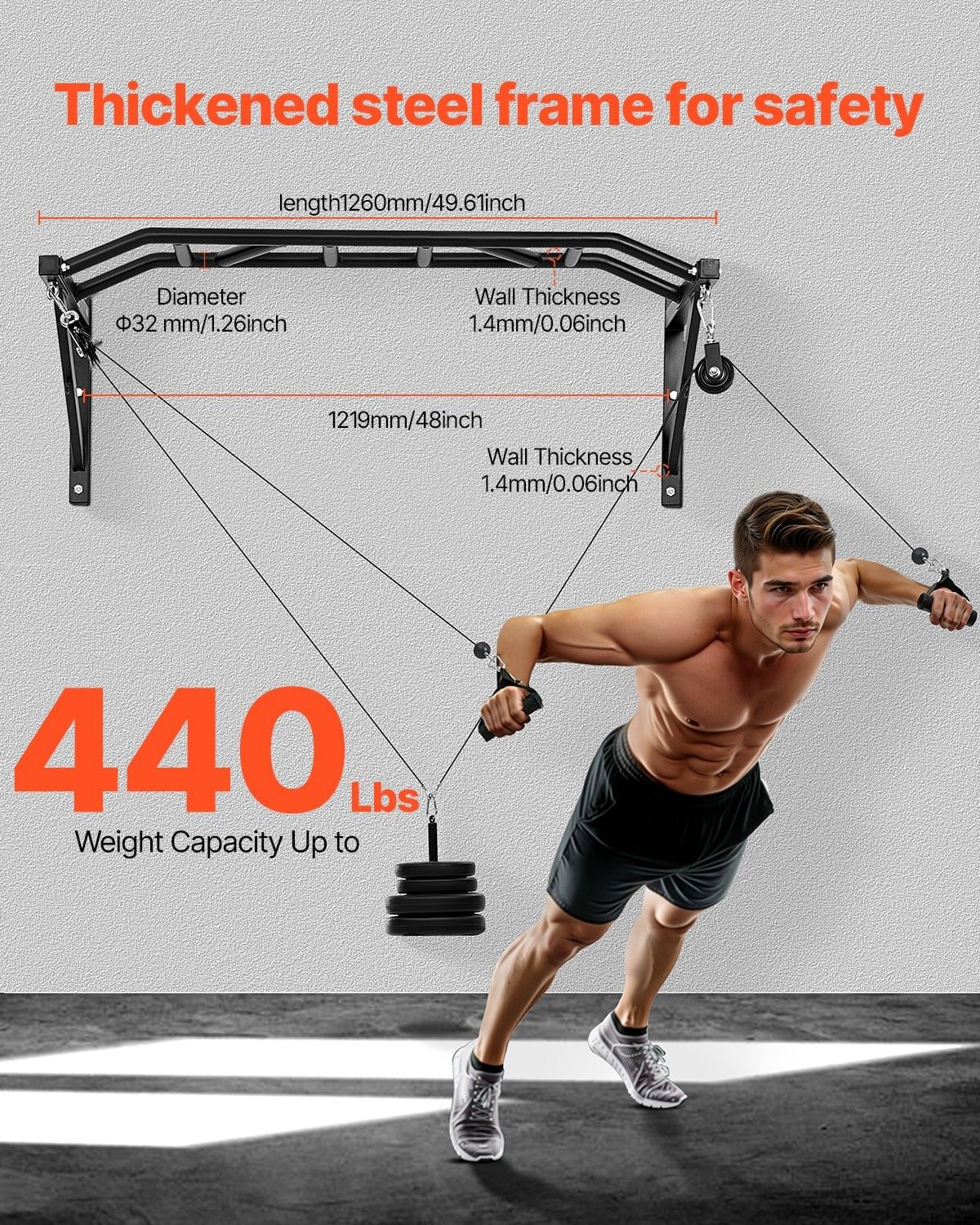 Pull up bar, multi-grip wall mounted pull ups, 50 in width multifunctional chin up training station, heavy duty steel upper body workout bars with lat pulldown attachments, 440 lbs, for home gym