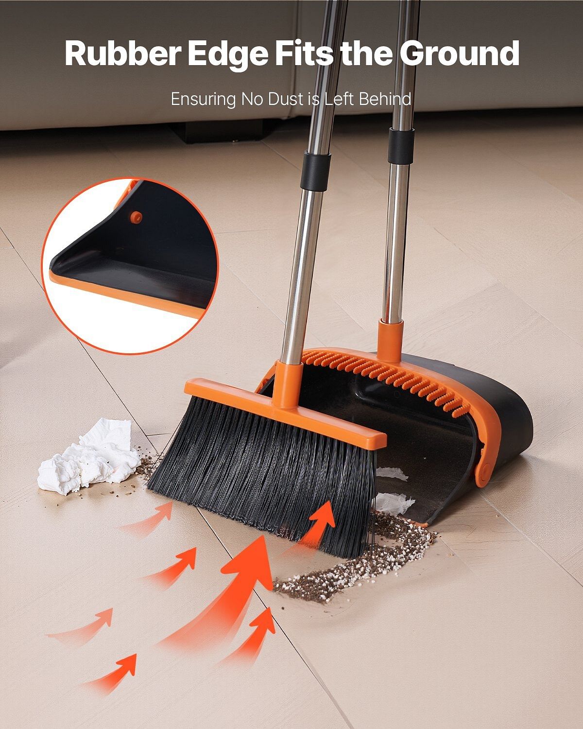 Vevor broom and dustpan set, heavy duty dustpan and broom combo with self-cleaning teeth, metal upright standing dust pan with long handle, ideal for home, restaurant, office, dorm, black+orange