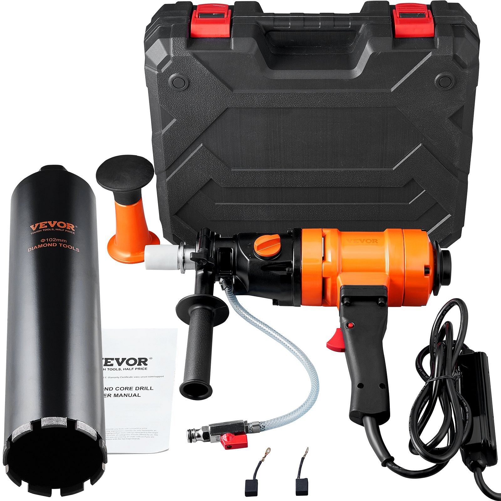 Vevor diamond core drilling machine, 4in handheld wet concrete core drill rig, 1100-2400rpm two speed & 1-1/4" thread & 2 bubble levels, 3-4in drilling diameter for concrete brick block stone, 1500w