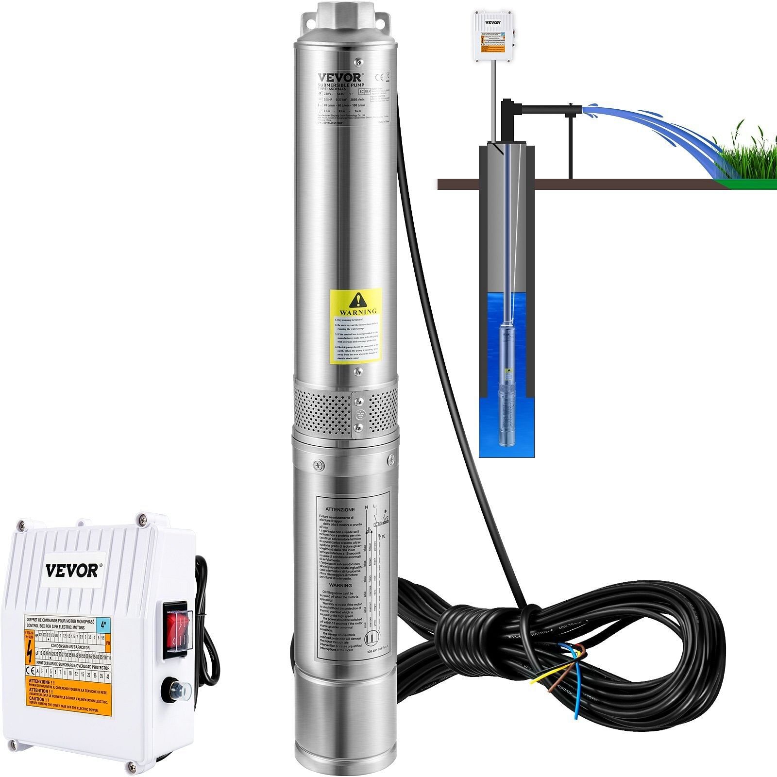 Vevor deep well submersible pump, 2hp 230v/60hz, 37gpm 427 ft head, with 33 ft cord & external control box, 4 inch stainless steel water pumps for industrial, irrigation and home use, ip68 waterproof