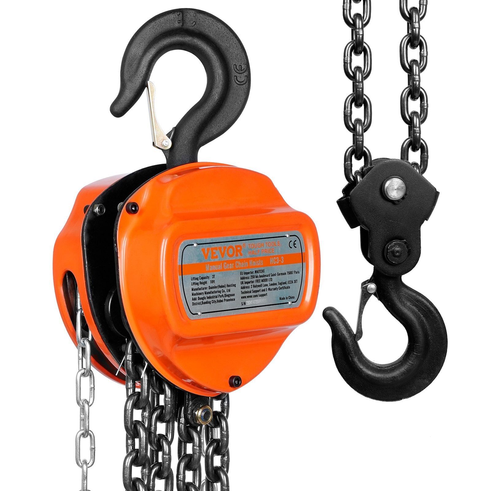Vevor hand chain hoist, 3 ton 6600 lbs capacity 10 ft come along, g80 galvanized carbon steel with double-pawl brake, auto chain leading & 360?&deg; rotation hook, for garage factory dock