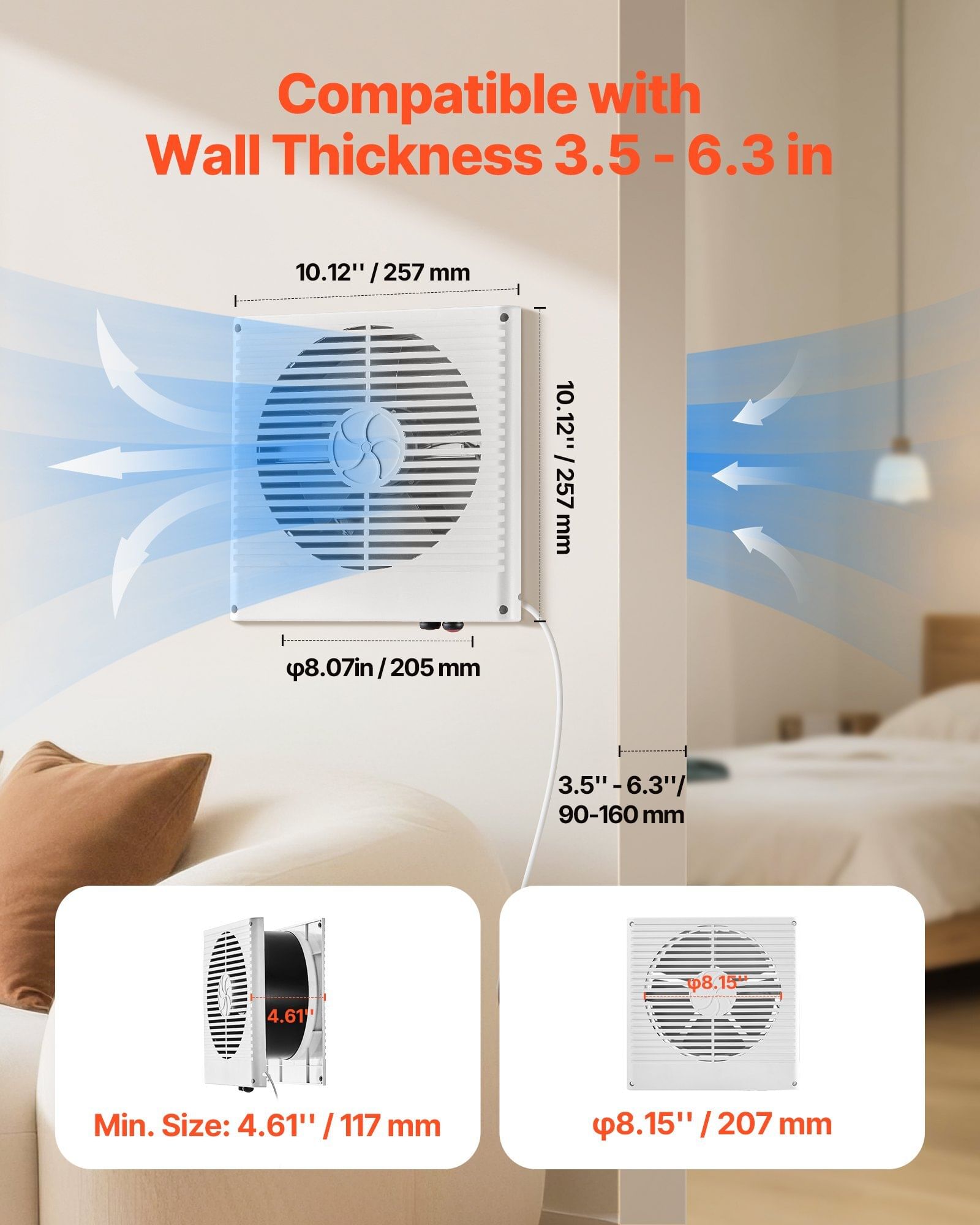 7.5-inch room to room fan, through wall fan with ac motor & bi-directional adjustable wind, 180 cfm ventilation quiet exhaust vent for kitchen, living & laundry room, workshop