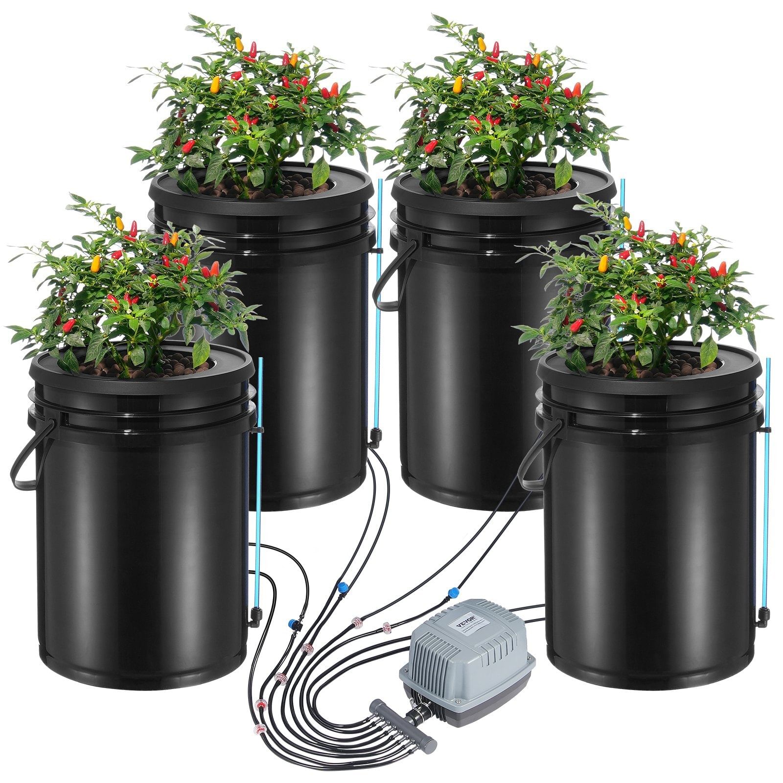 Dwc hydroponics grow system, hydroponic growing system with top drip kit, deep water culture 5-gallon 4 buckets, with air pump, air stones and water level device for leafy vegetables