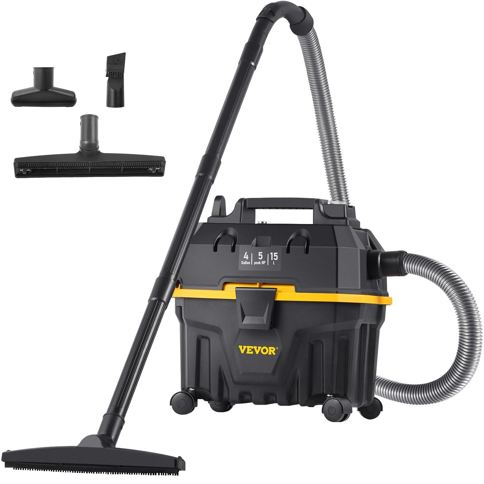 Vevor wet dry vac, 4 gallon, 5 peak hp, 3 in 1 shop vacuum with blowing function portable attachments to clean floor, upholstery, gap, car, etl listed, black
