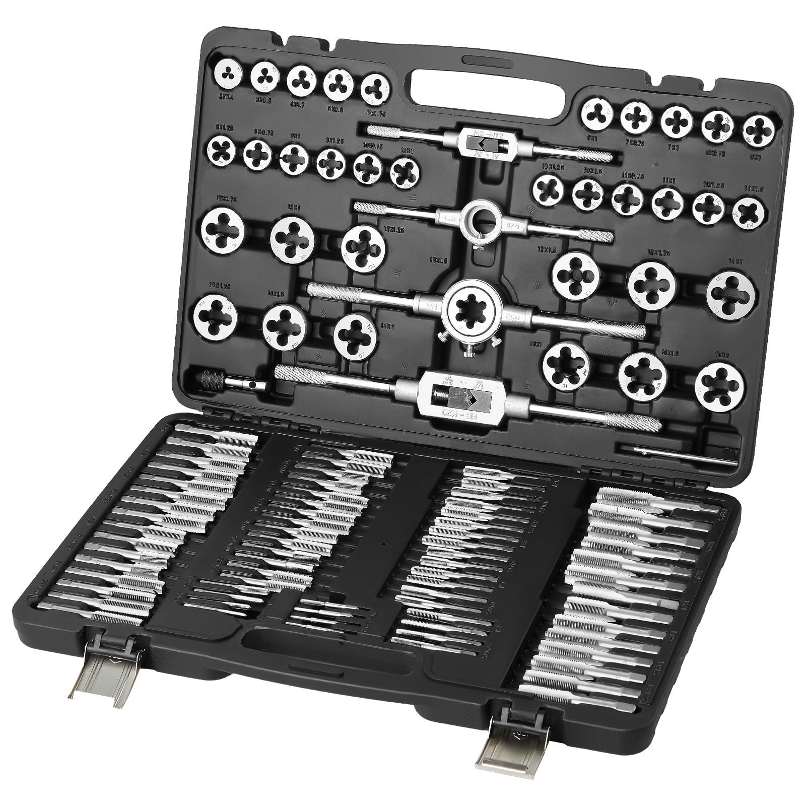 Tap and die set, 110-piece include metric size m2 to m18, bearing steel taps and dies, essential threading tool for cutting external internal threads, with complete accessories and storage case
