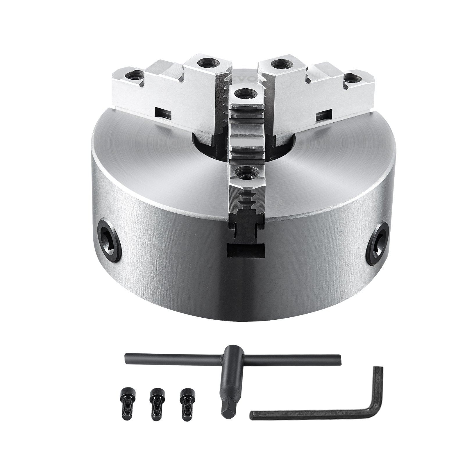 Vevor 3-jaw lathe chuck, 10'', self-centering lathe chuck, 0.24-9.84 in/6-250 mm clamping range with t-key fixing screws hexagon wrench, for lathe 3d printer machining center milling drilling machine
