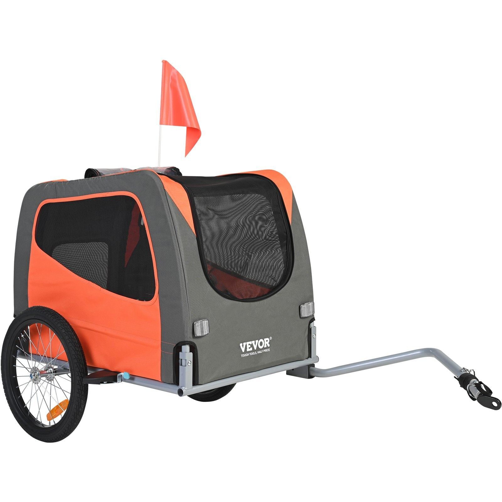 Vevor dog bike trailer, supports up to 66 lbs, pet cart bicycle carrier, easy folding frame with quick release wheels, universal bicycle coupler, reflectors, flag, collapsible to store, orange/gray