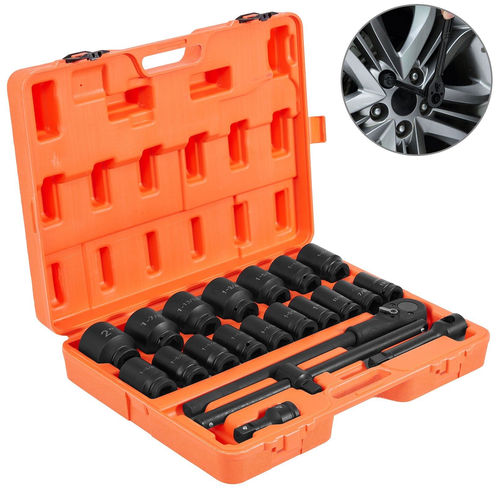 Vevor impact socket set 3/4 inches 22 piece deep impact sockets, socket assortment 3/4 inches drive socket set impact standard sae sizes 7/8 inches to 2 inches includes adapters and ratchet handle