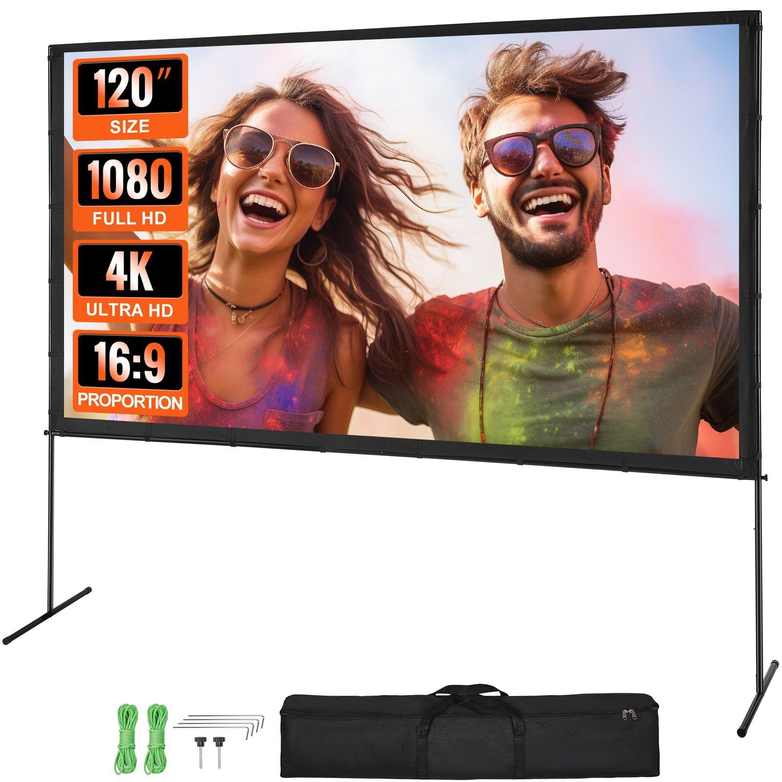 Projector screen with stand, 120 inch 16:9 4k 1080 hd outdoor movie screen with stand, wrinkle-free projection screen with bar feet and carry bag, for home theater cinema backyard movie night