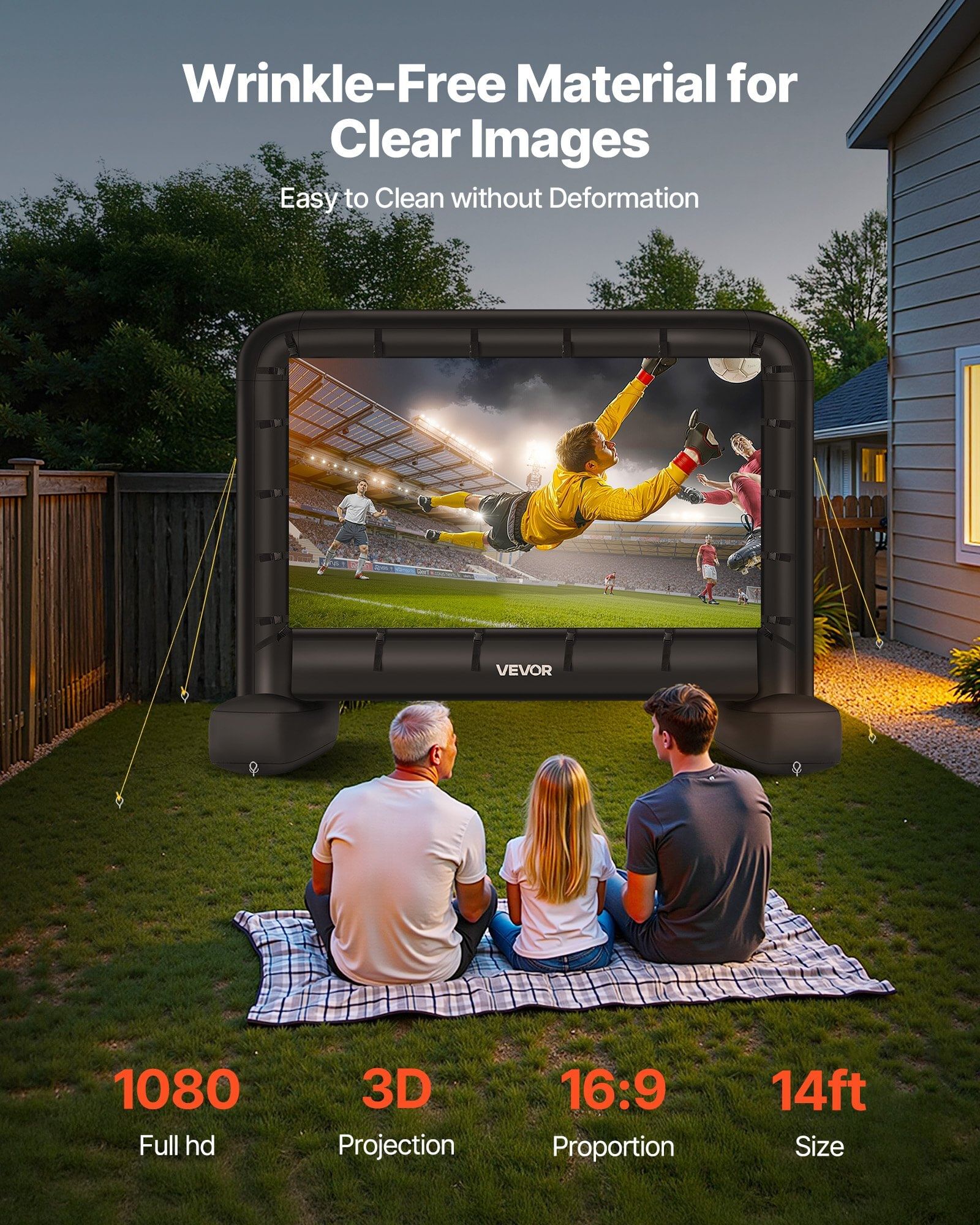 14 ft inflatable movie screen, 600d washable inflatable projector screen with portable storage bag, 16:9 easy set up movie projection for outdoor backyard, home theater, theme party, pool fun