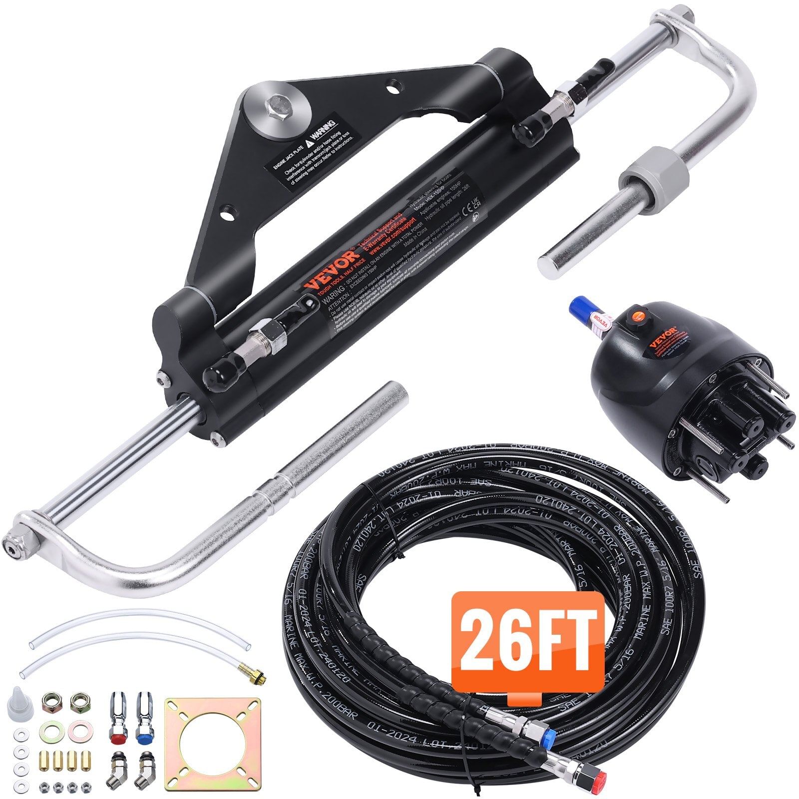 Hydraulic outboard steering kit, 150hp, marine boat hydraulic steering system, with helm pump two-way lock cylinder and 26 feet hydraulic steering hose, for single station single-engine boats