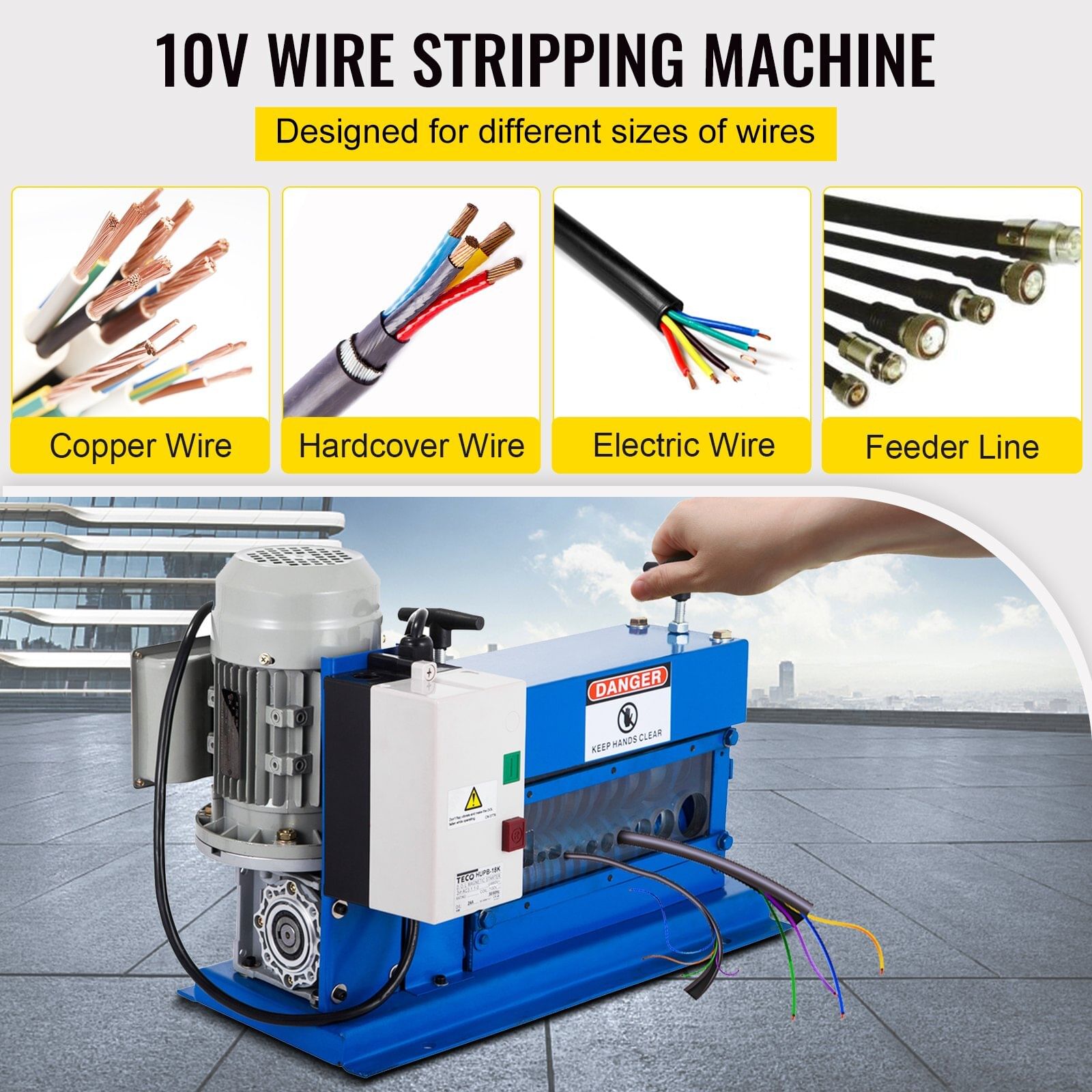 Portable wire stripper, 18 awg to 1" od, 11 channels, 10 blades, electric machine for efficient copper recycling, speeds up to 75ft/min