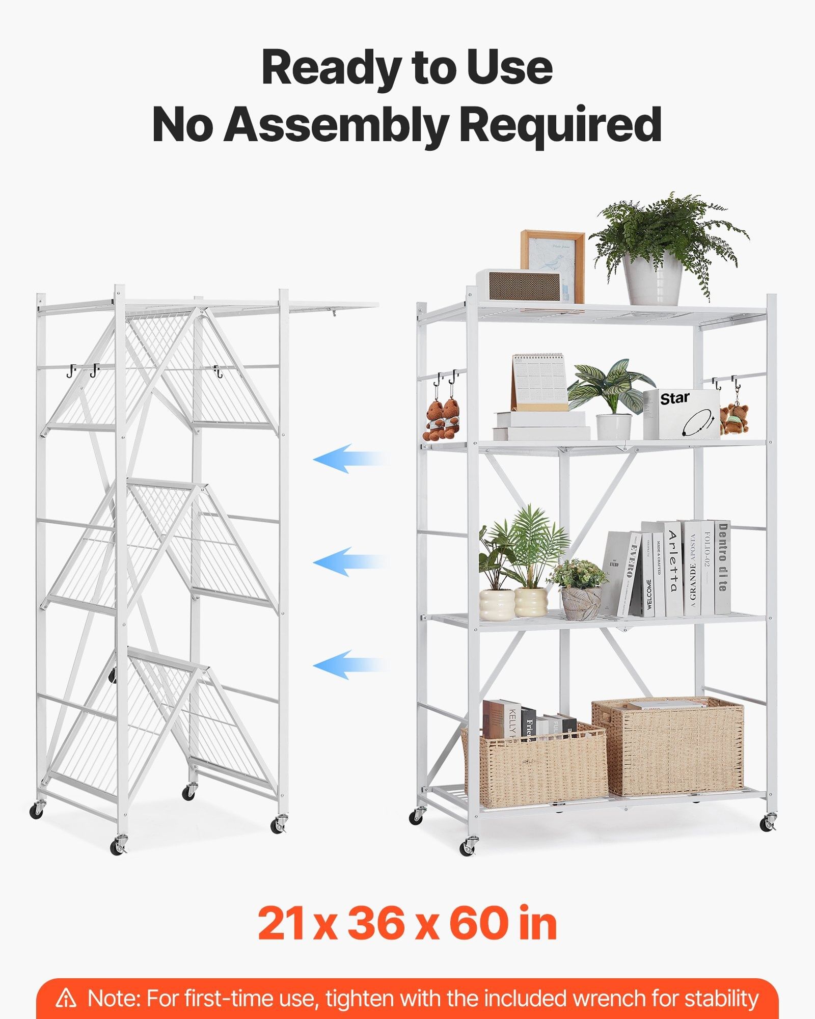 4-tier foldable storage shelf, 36w x 21d x 60 h inch folding metal rack shelving unit, no assembly organizer shelf with 5 wheels & 4 hooks for pantry, kitchen, garage, basement, white