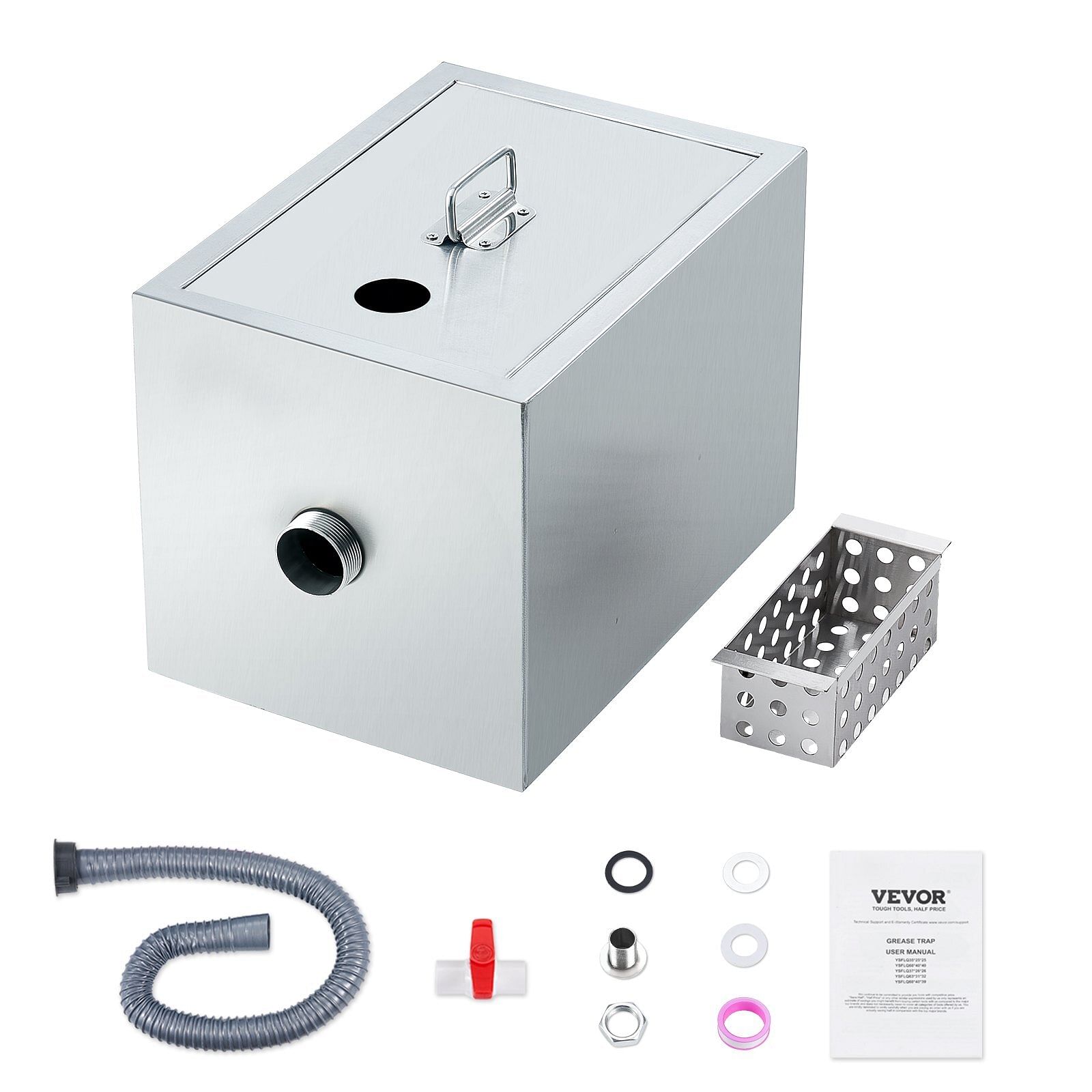 Vevor commercial grease trap, 8 lbs grease interceptor, top inlet interceptor, under sink stainless steel grease trap, 2.8 gpm waste water oil-water separator, for restaurant canteen home kitchen