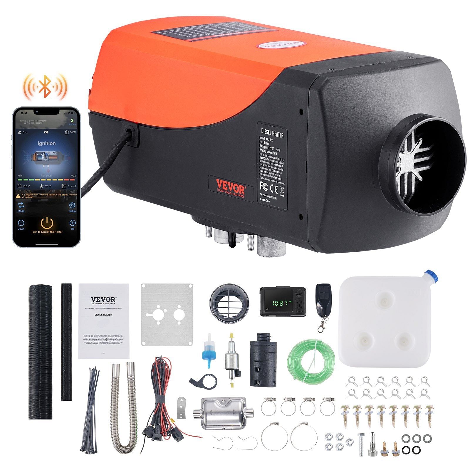 Vevor bluetooth app control diesel air heater, 12v 8kw diesel heater with automatic altitude adjustment, remote control and lcd, diesel parking heater for rv trailer camper van boat and indoors