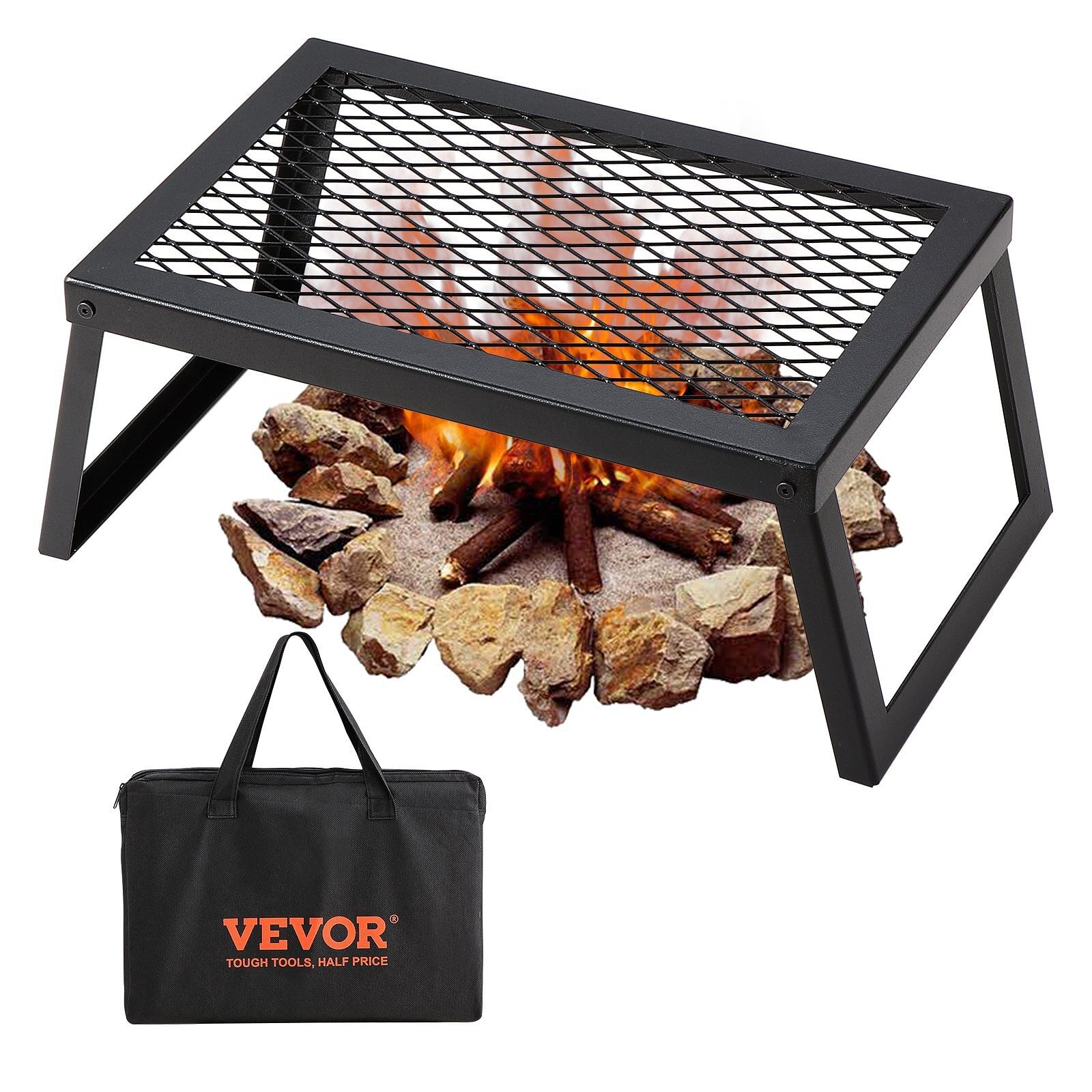 Vevor folding campfire grill, heavy duty steel mesh grate, 18" portable camping grates over fire pit, camp fire cooking equipment with legs carrying bag, grilling rack for outdoor open flame cooking