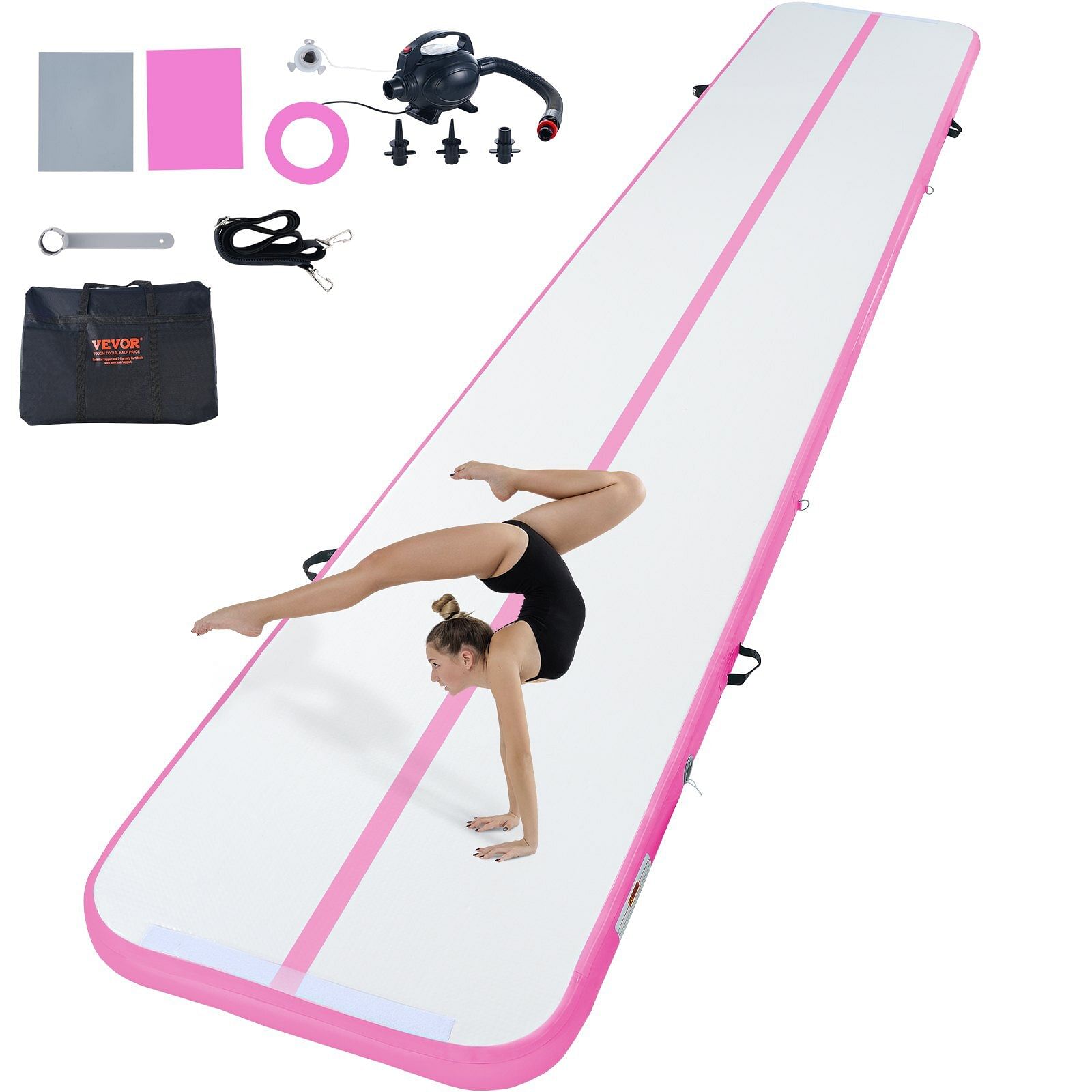 Vevor gymnastics air mat, 4 inch thickness inflatable gymnastics tumbling mat, tumble track with electric pump, training mats for home use/gym/yoga/cheerleading/beach/park/water, 20 ft, pink