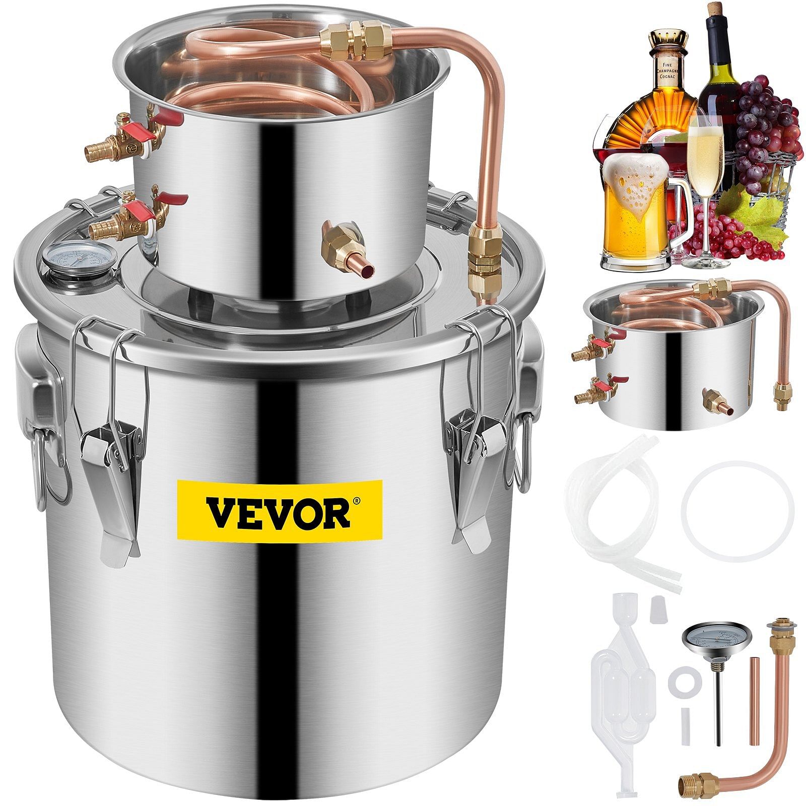 Vevor 12l water alcohol distiller 3gal copper wine making boiler multi home diy brewing distilling kit for fruit wine, water, brandy, and refining plant extracts