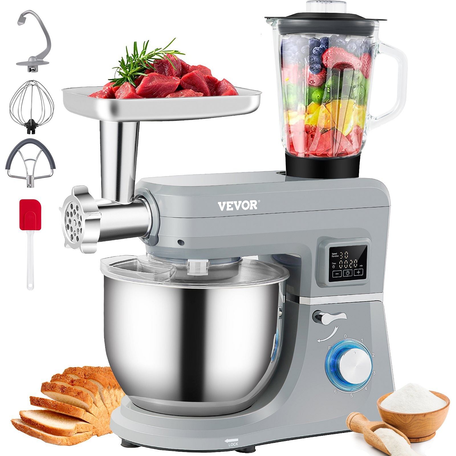 Vevor 5 in 1 stand mixer, 660w tilt-head multifunctional electric mixer with 6 speeds lcd screen timing, 7.4 qt stainless bowl, dough hook, flat beater, whisk, scraper, meat grinder, juice cup - gray