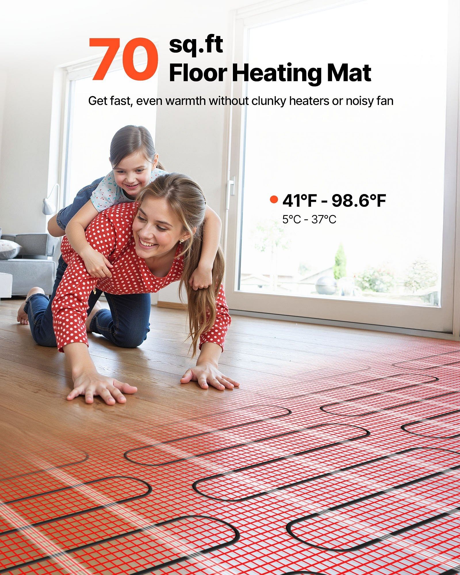 70 sqft self-adhesive mesh floor heating mat 120v radiant heated system