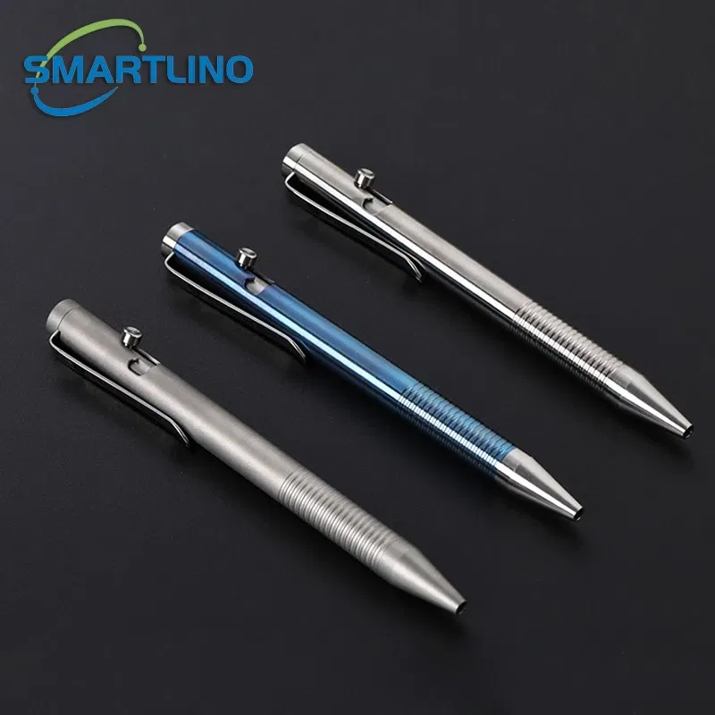 Color: sky blue - high quality titanium tactical bolt action ballpoint pen self defense edc writing tools for outdoor traveling office gift