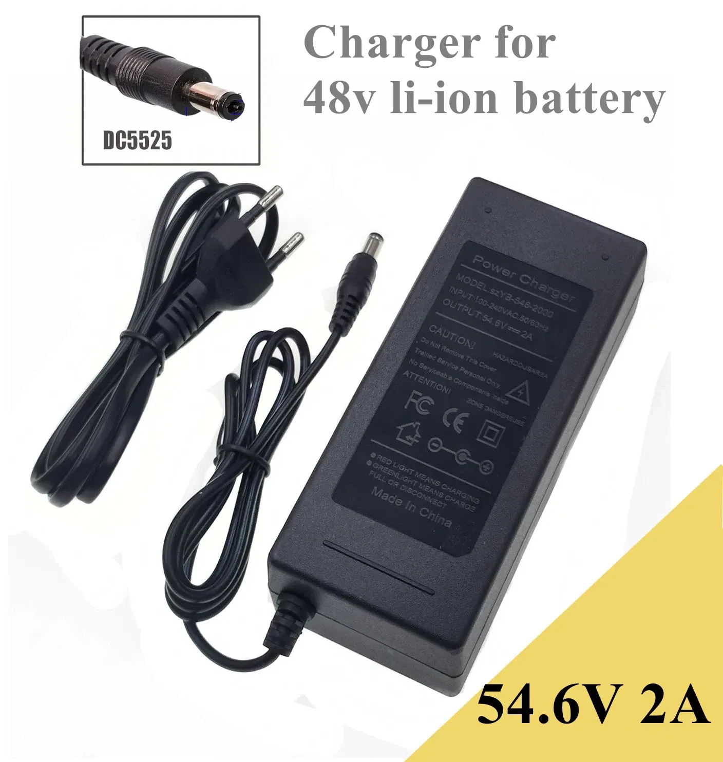 Socket standard: eu - 54.6v 2a charger for 48v li-ion battery suitable for ebike scooter hoverboard balance bicycle dc5525 connector