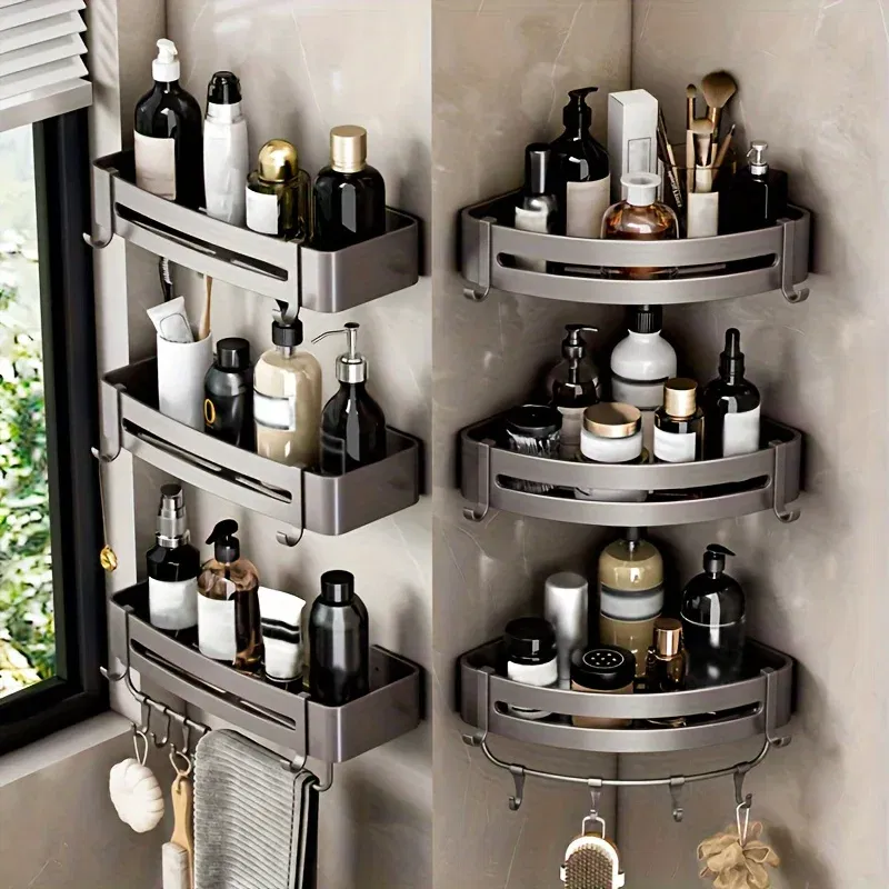 Color: clear - bathroom corner rack punch-free wall-mounted aluminum shampoo bottle storage waterproof bathroom accessories with hook rod