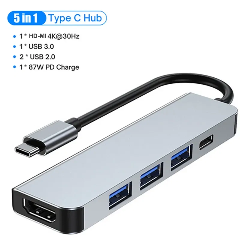 Color: silver - usb c hub 4k 30hz type c to hdmi-compatible pd 87w usb splitter usb adapter for macbook air pro usb3.0 hub tf sd multi converter