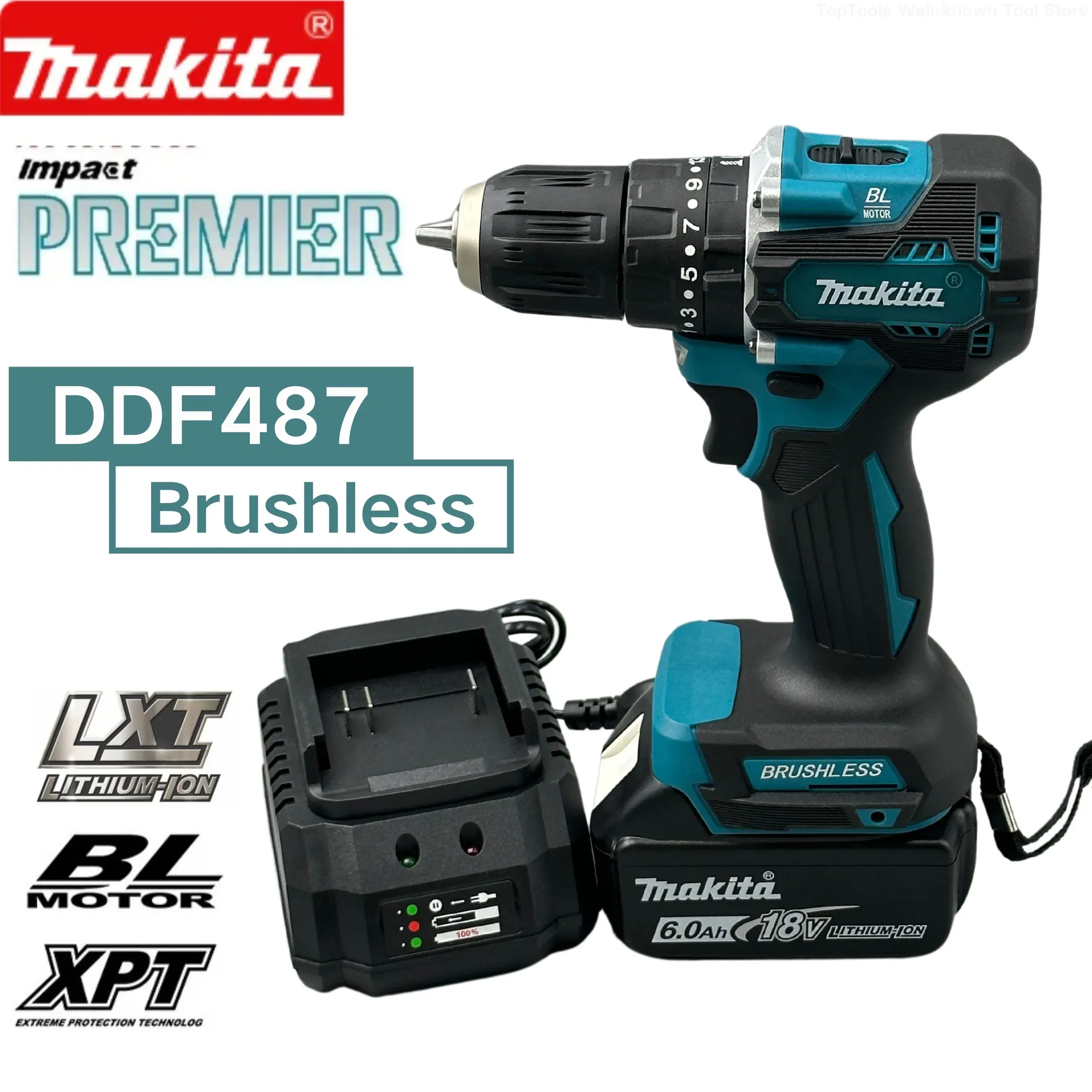 Color: black, plug type: us, ships from: china - makita ddf487 18v brushless electric drill, suitable for five-rope impact drill of decoration team, uses 18v makita battery.
