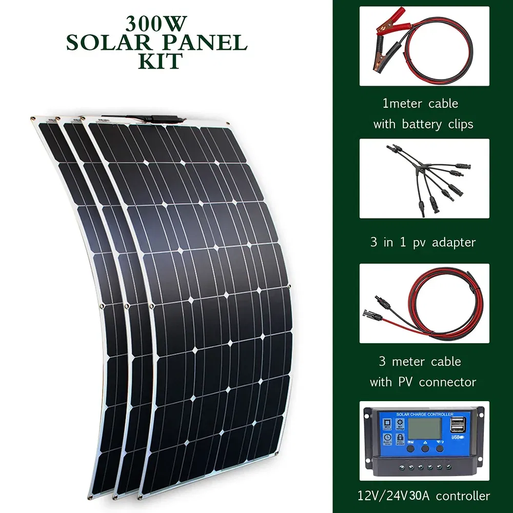 Color: black, ships from: china - new solar panel kit and 300w 200w 100w flexible solar panels 12v 24v high efficiency battery charger module