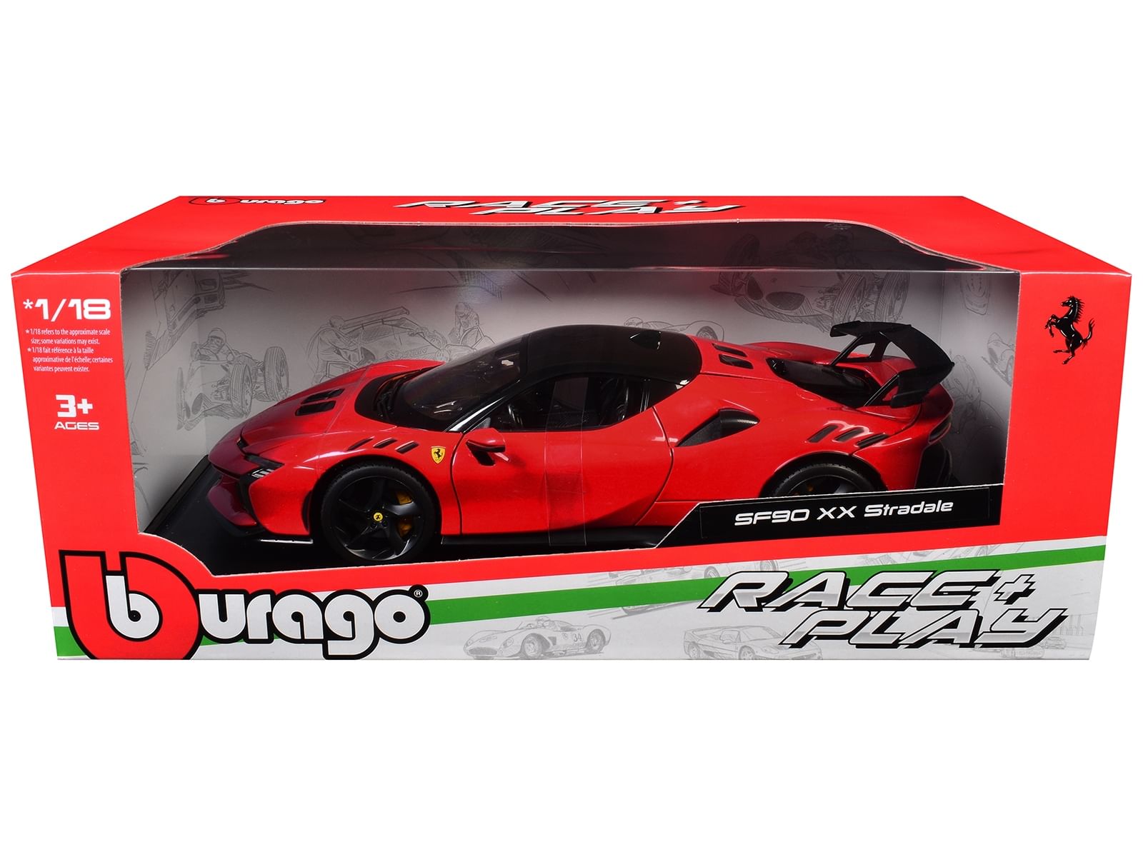 Ferrari sf90 xx stradale red with black top "race + play" series 1/18 diecast model car by bburago