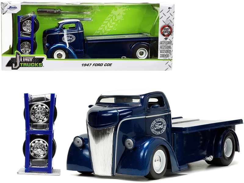 1947 ford coe flatbed truck dark blue metallic with white top "the famous motor cars" with extra wheels "just trucks" series 1/24 diecast model by jada