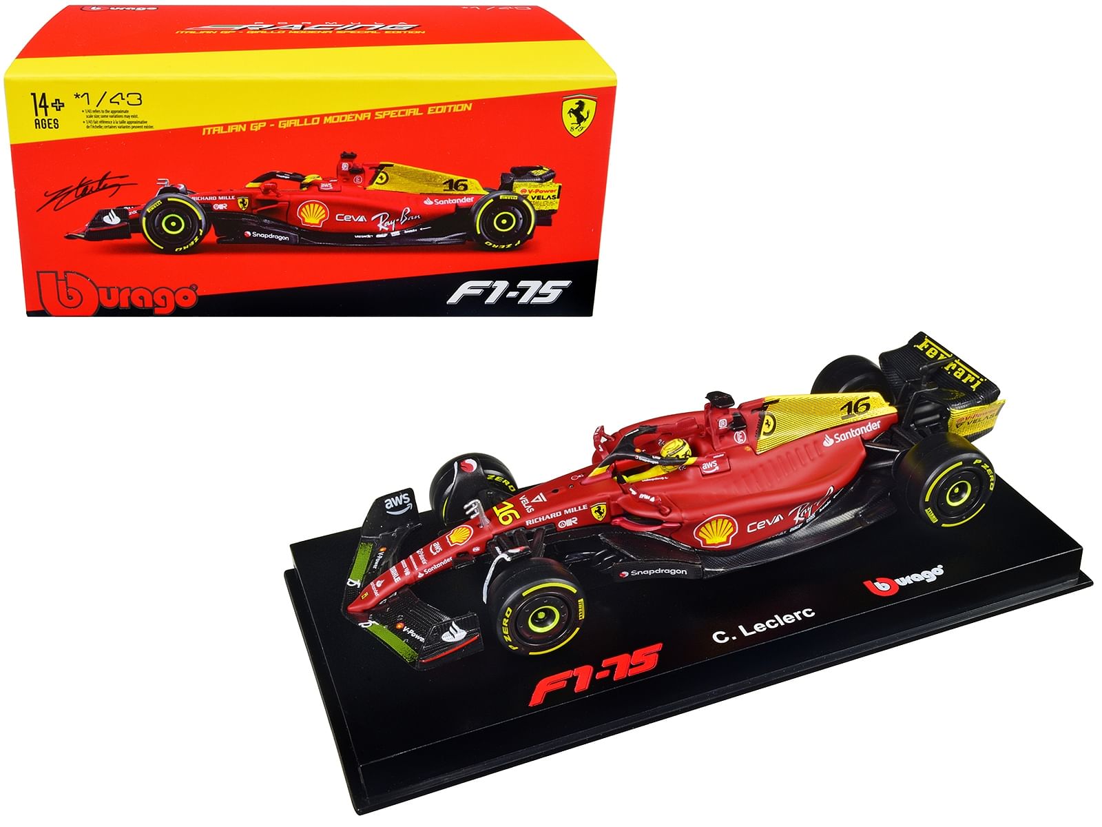 Ferrari f1-75 #16 charles leclerc "giallo modena" 2nd place formula one f1 italian gp (2022) "formula racing" series with display case 1/43 diecast model car by bburago