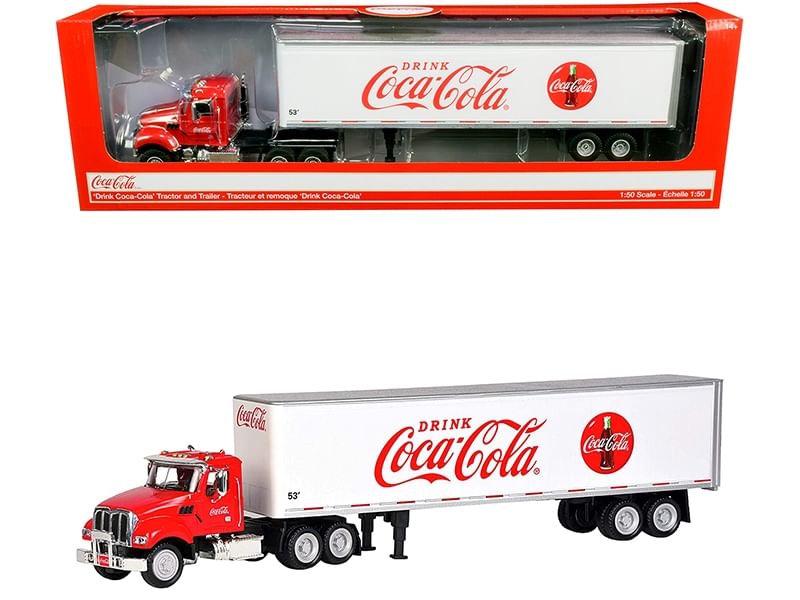 Truck tractor with 53' trailer "drink coca-cola" red and white 1/50 diecast model by motorcity classics