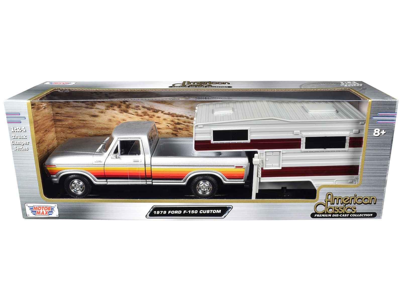 1979 ford f-150 custom pickup truck silver metallic with side stripes with camper shell "american classics" series 1/24 diecast model car by motormax