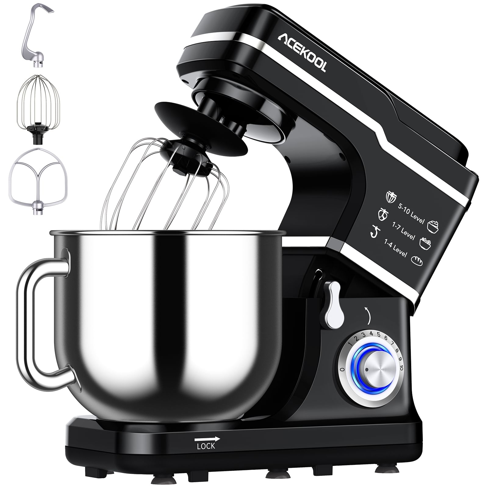 Us acekool mixer mc1 660w 7.5 quart 10 speeds tilt-head stand mixer silver us plug