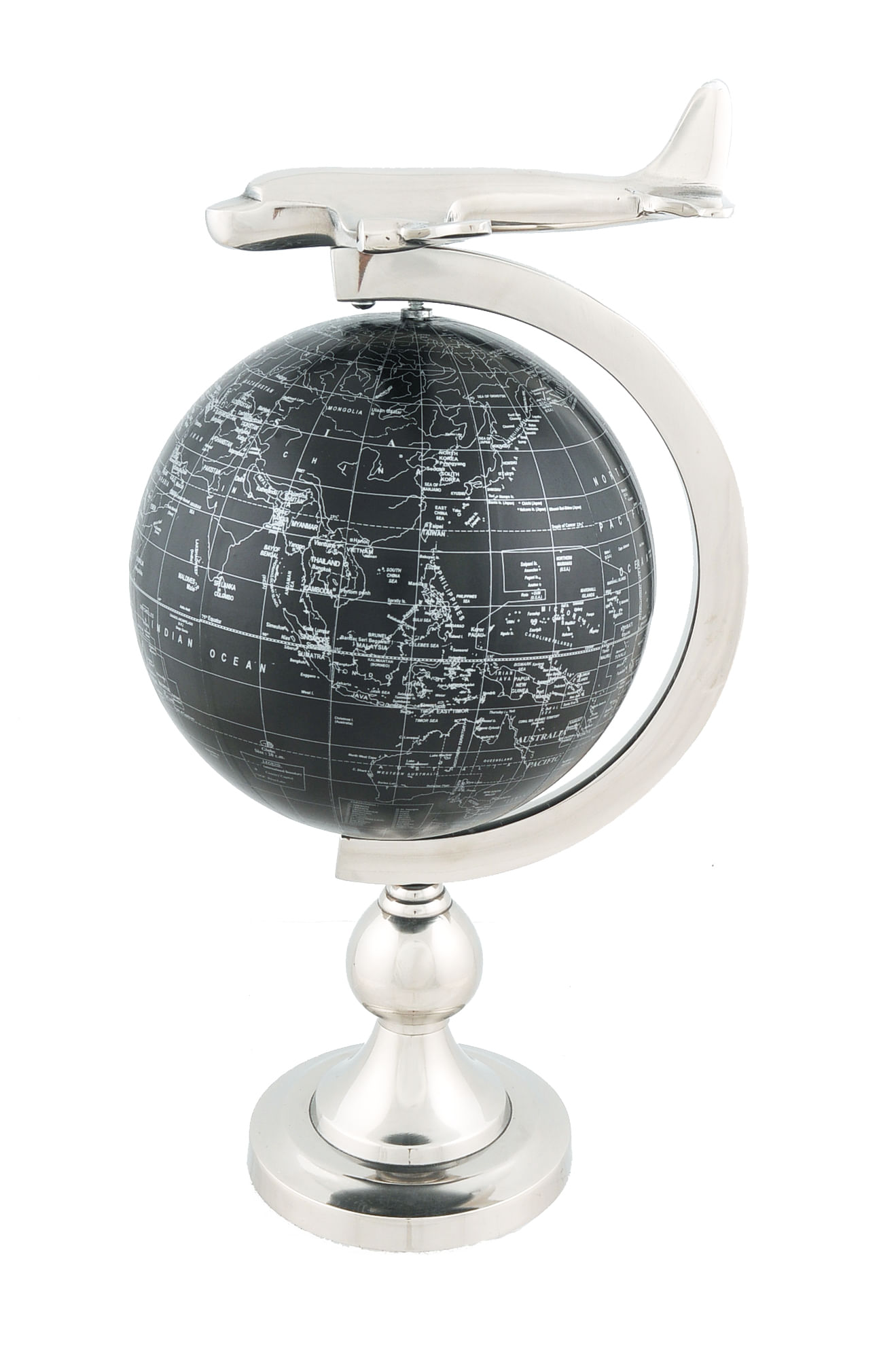 10" x 8.5" x 18" airplane on globe with brass stand