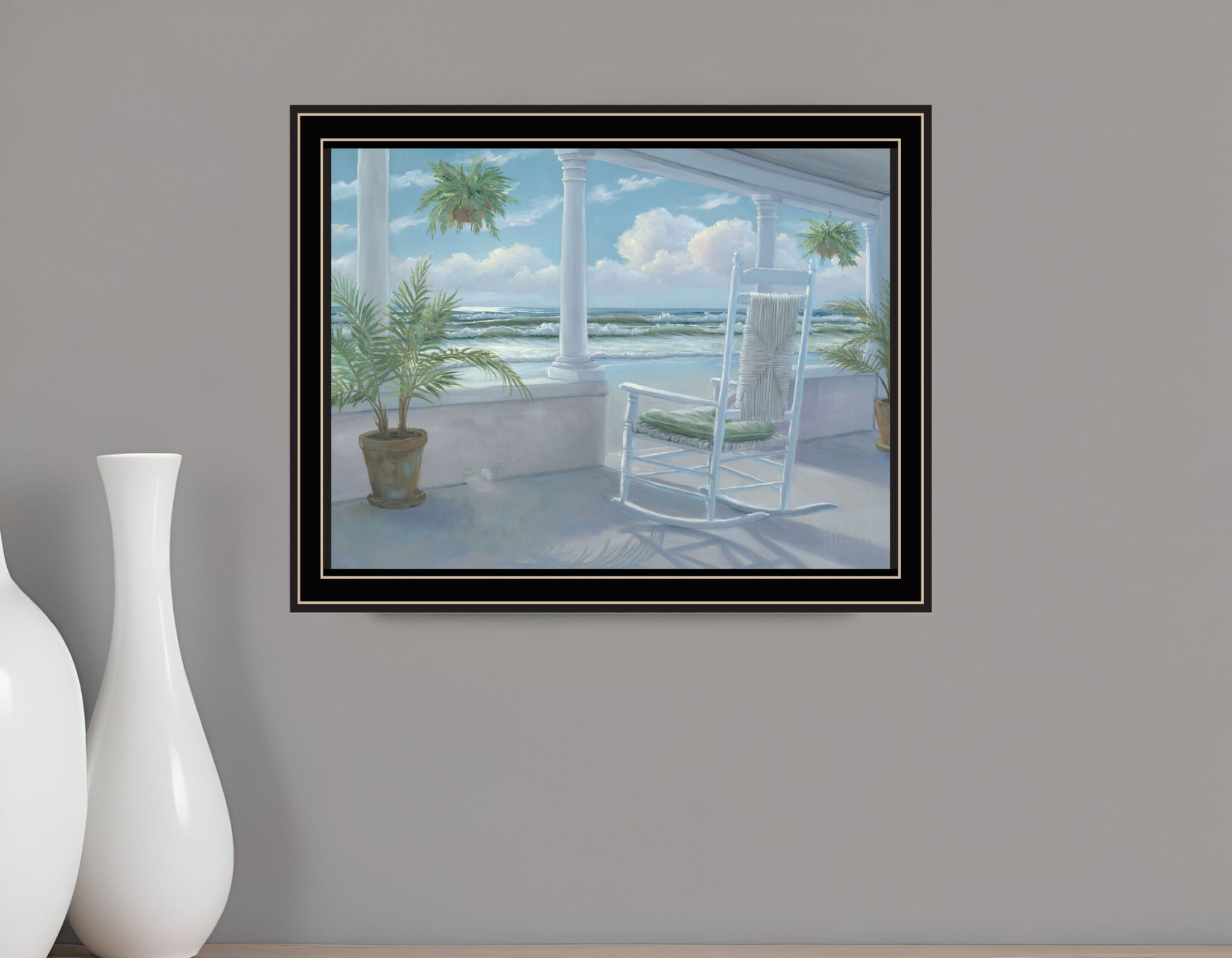 Coastal porch black framed print wall art