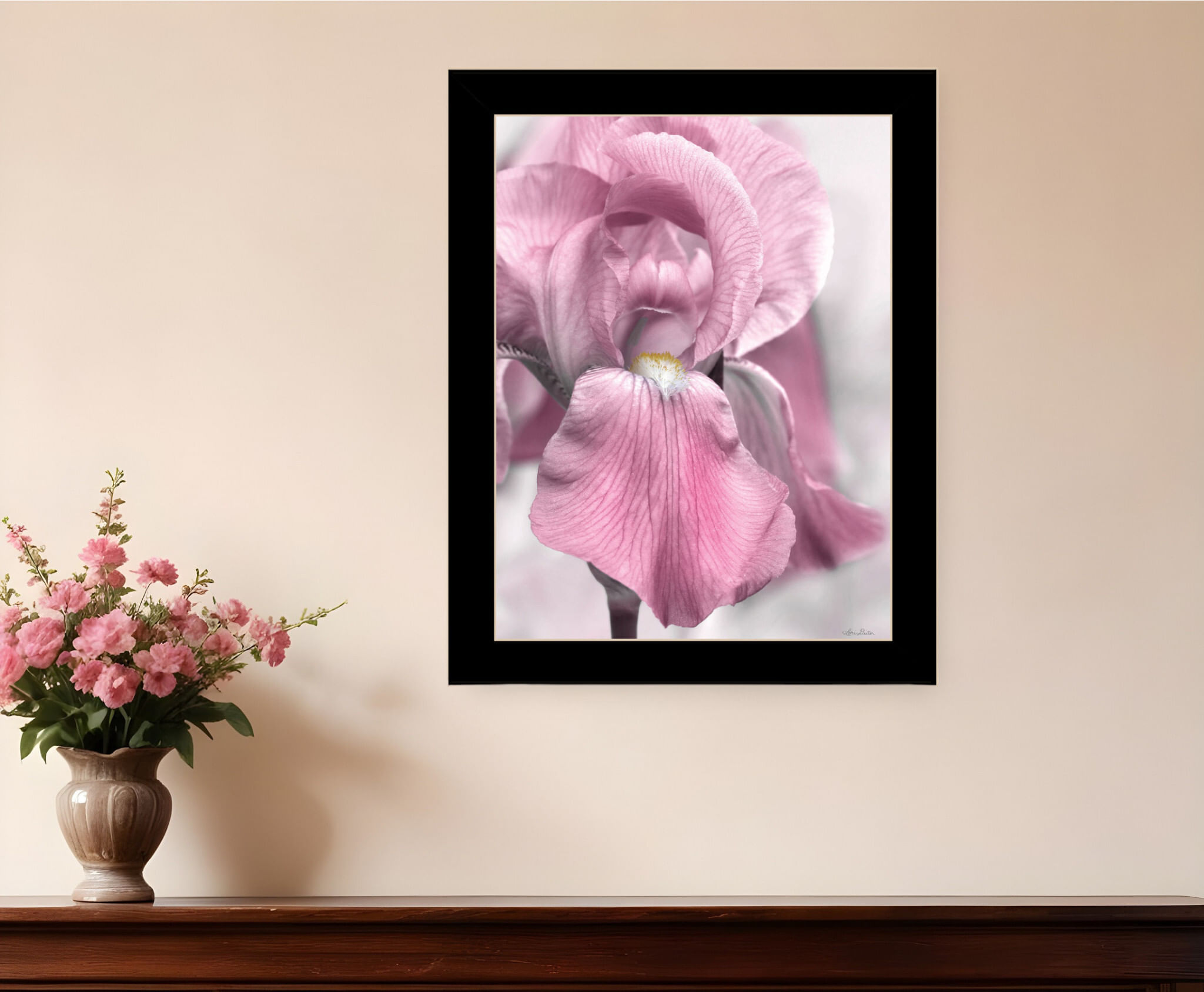 Pink iris black framed print wall art