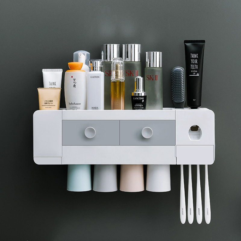 Color: four cups - bathroom wall-mounted magnetic toothbrush rack automatic toothpaste extrusion