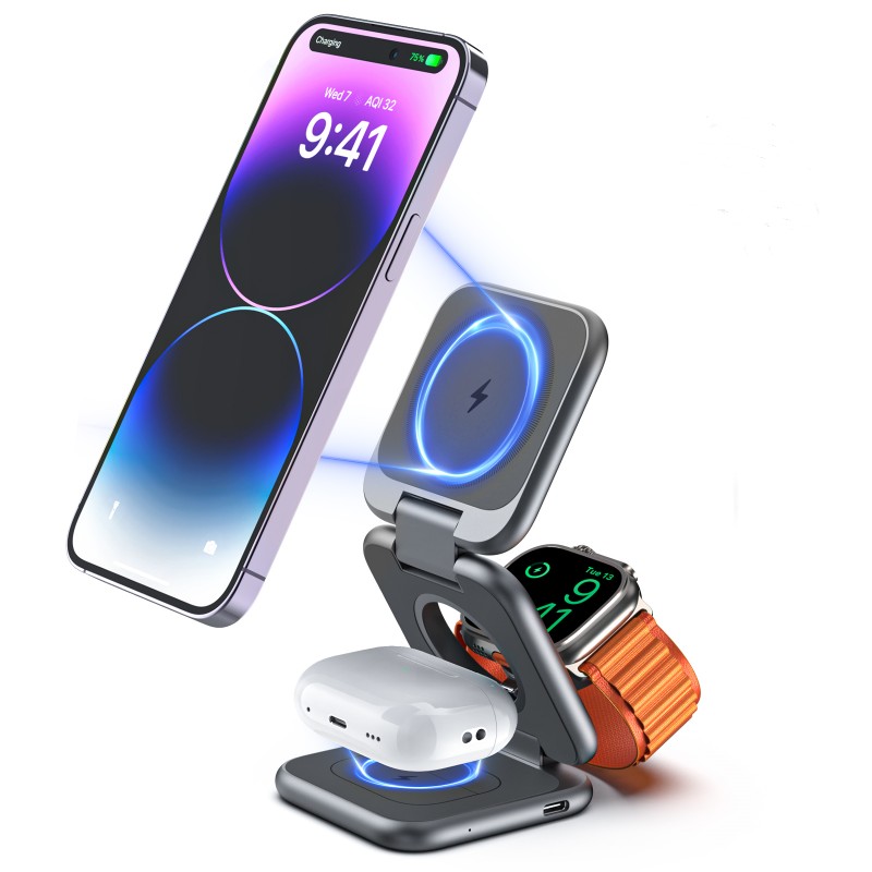 Color: aluminum alloy gray - three in one magnetic suction wireless charger