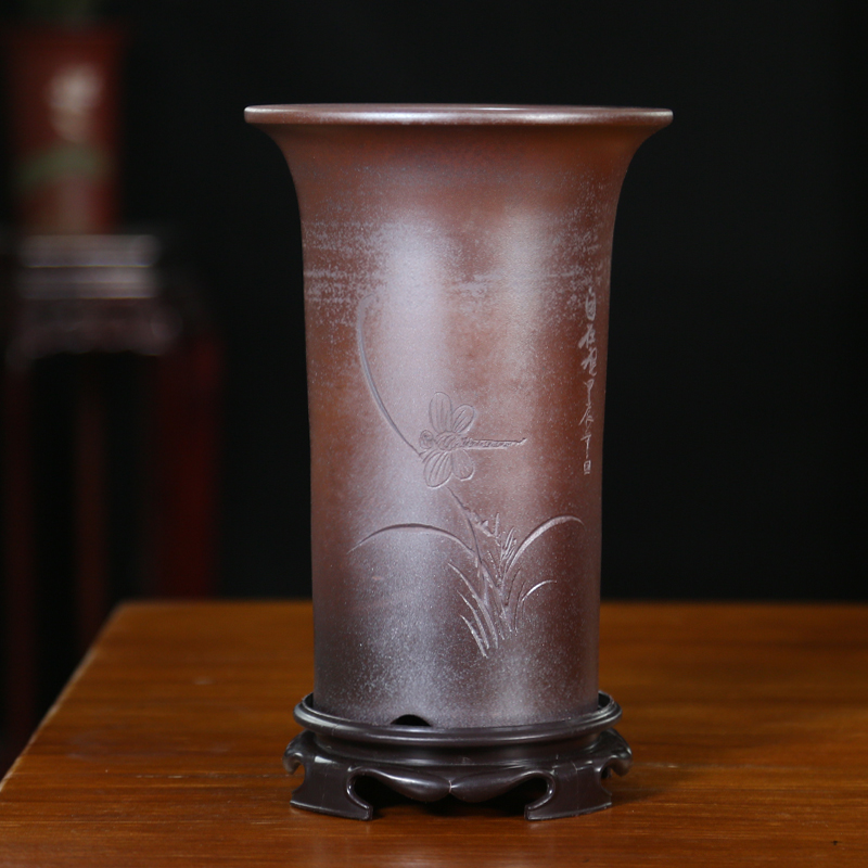 Classical chinese style orchid pots round stick bottle carved breathable spring orchid