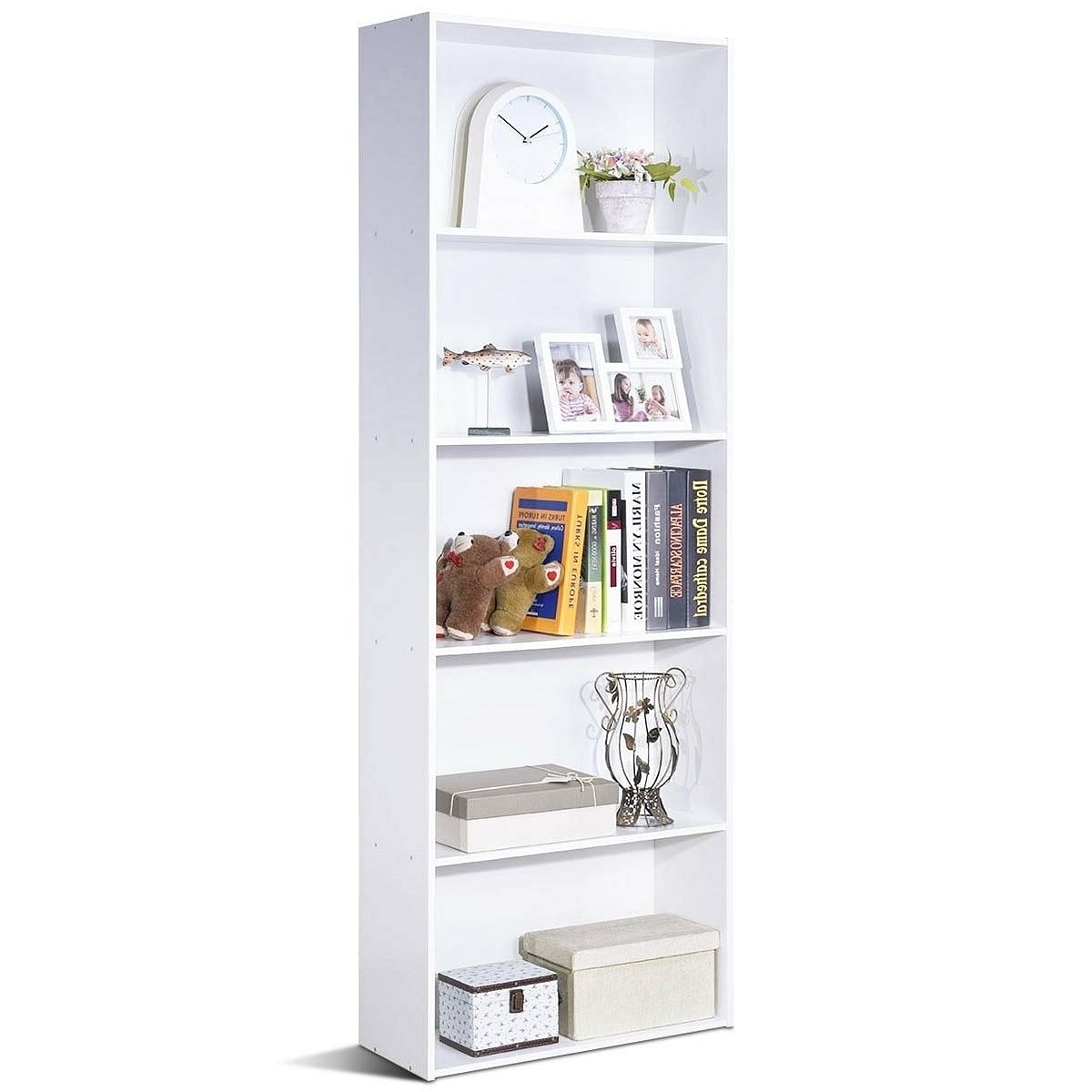 Modern 5-tier bookcase storage shelf in white wood finish