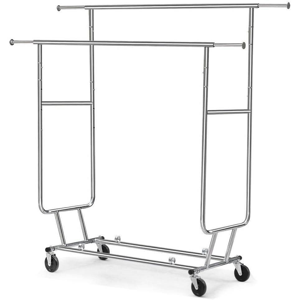 Heavy duty double bar clothes hanging garment rack on lockable wheels