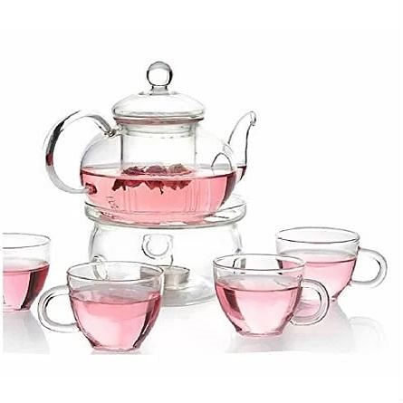 6-piece glass tea pot set with 4 cups teapot warmer and infuser