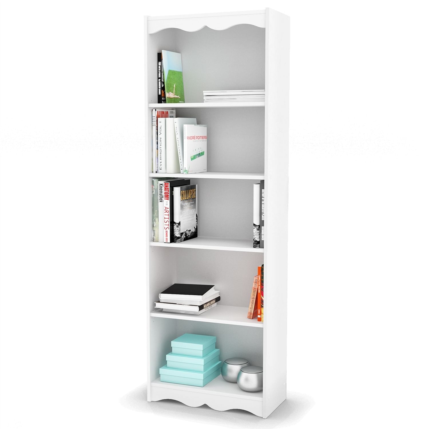 White 72-inch high bookcase with soft arches and 5 shelves