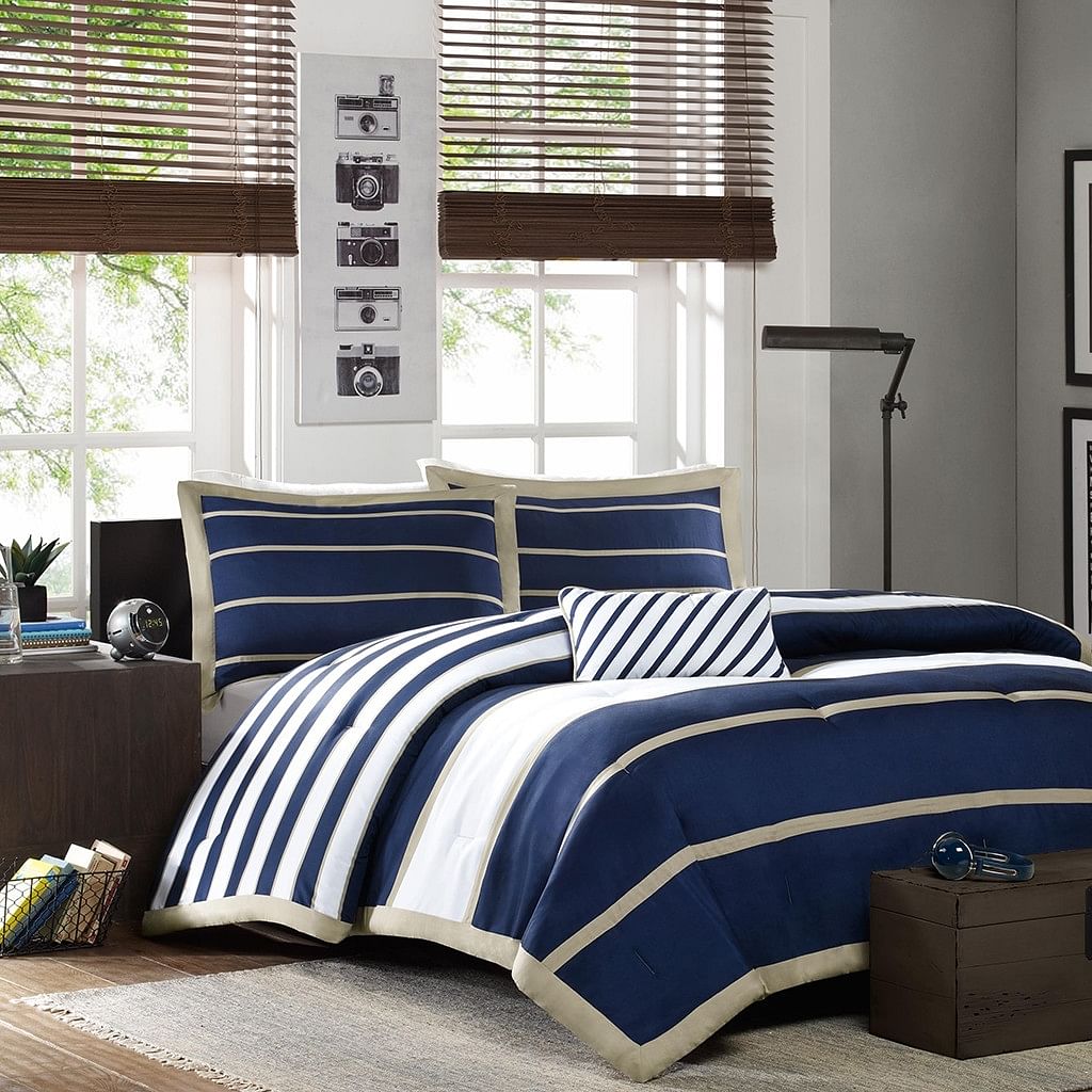 Full / queen size comforter set in navy blue white khaki stripe